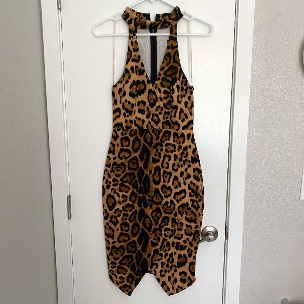 The Vintage Shop Leopard dress with high neck keyhole and wrap skirt
